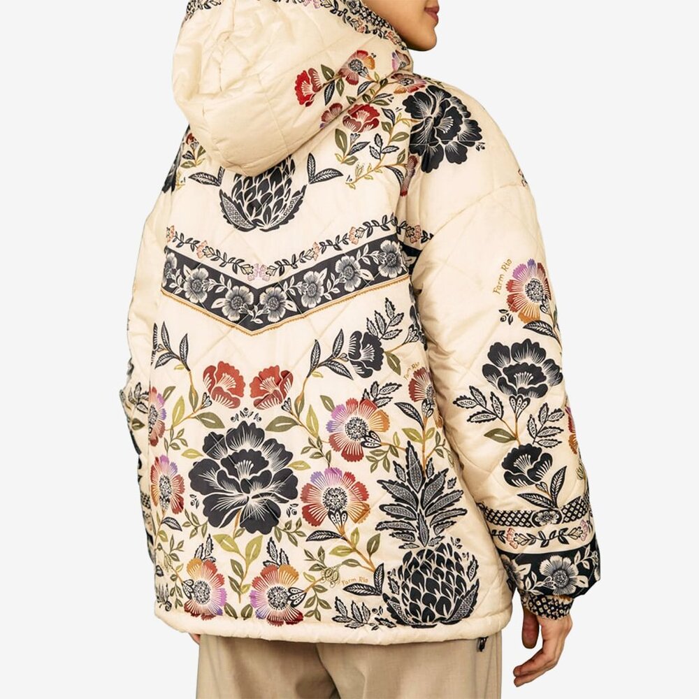 FARM Rio Cream Quilted Puffer Jacket with Black Floral Embroidery - Picture 4 of 15